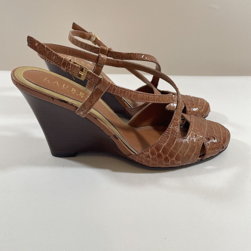 Womens Size 6 Ralph Lauren Brown Slingback Closed Toe Wedge Heel Snakeskin - Picture 5 of 16